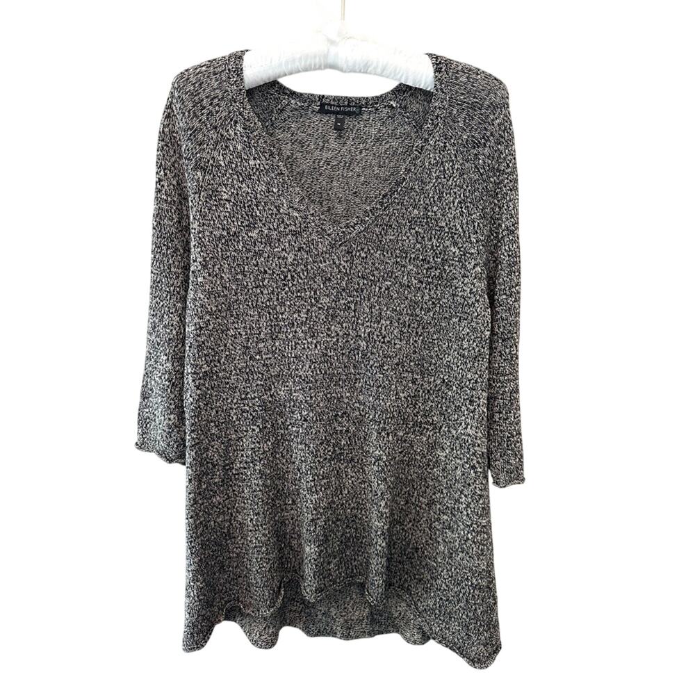 EILEEN FISHER | Wool Linen Knit Tunic Sweater Black Ivory | Size Medium